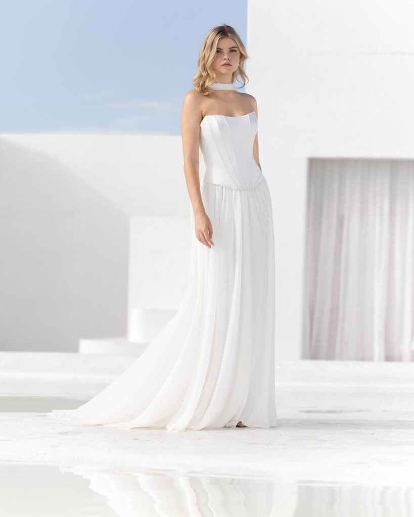 Blossom Structured duchess satin bridal gown with ethereal chiffon skirt front 3